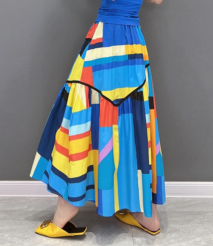 Elastic Waist A-Line New 2023 Summer Korean Style Woman Long Blue Printed Skirt Pockets Loose Fit Casual Holiday Skirt JJSK031