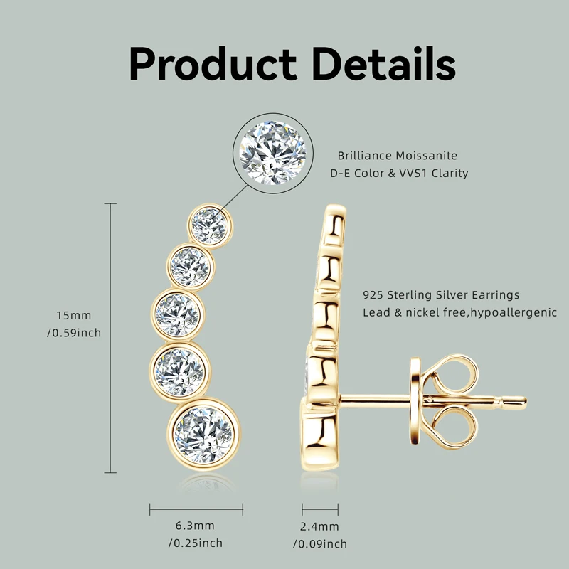 2023 New All Round Moissanite Earrings for Women 0.43ctw Climber Earrings Studs 925 Silver Certified Original Engagement Jewelry