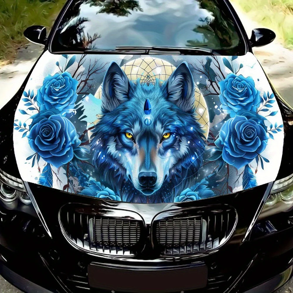 

Blue wolf head dream catcher, blue rose, feather Car Hood Vinyl Wraps Sticker, Car Engine Decal, Waterproof Self-adhesive Car Pa