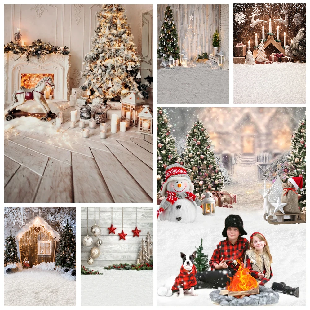 Merry Christmas Backdrop Xmas Tree Gifts Toy Wooden Floor Fireplace Winter Snowman Pine Tree Family Party Photography Background