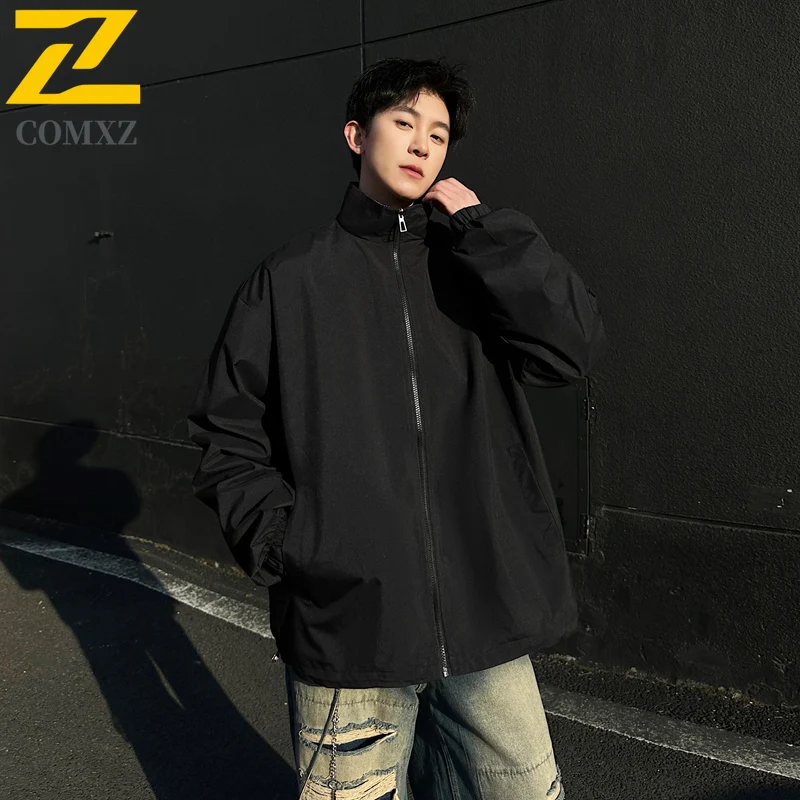 

COMXZ2025 Men Color Blocked Double-sided Jacket Trendy Versatile Loose Breathable Lapel Coat Outdoor Casual American Zipper Coat