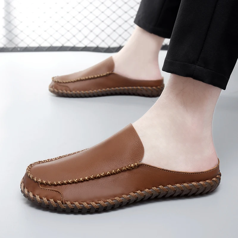 Men Big Size Genuine Leather Summer Sandals Hand Stitched Wrap Around Slippers Half Slip on Loafers Casual Outdoor Shoes