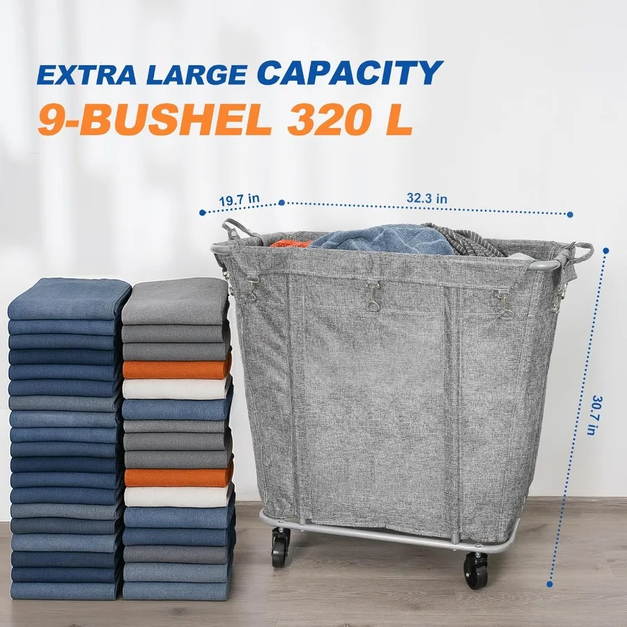 عربة غسيل كبيرة بعجلات للاستخدام التجاري والمنزلي بسعة 320 لتر و9 بوشيل 32.3 لتر × 19.7 وات × 30.7 ارتفاع إطار فولاذي بوصة