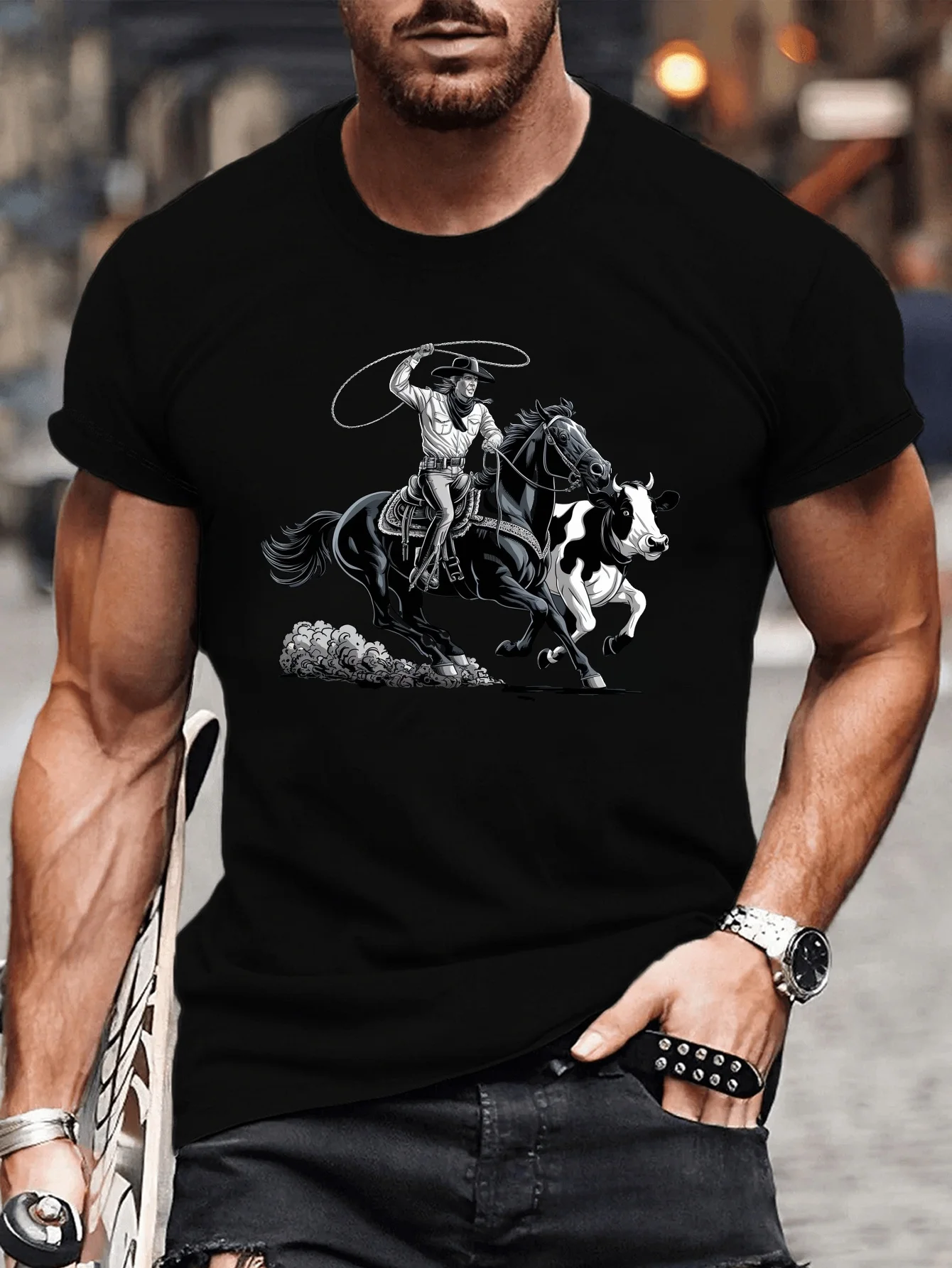 Cowboy and Horse Pattern Print T-Shirt, Men's Casual Round-Neck Summer T-Shirt, Comfortable and Versatile Outdoor Top, Suitable for Everyday Wear