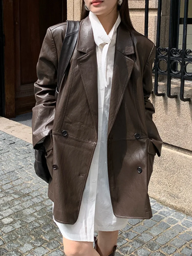 ZMEENNA Women's Vintage Faux Leather Blazer Jacket Brown Lapel Collar Outerwear Button Down Oversized Coat For Fall ZM3759