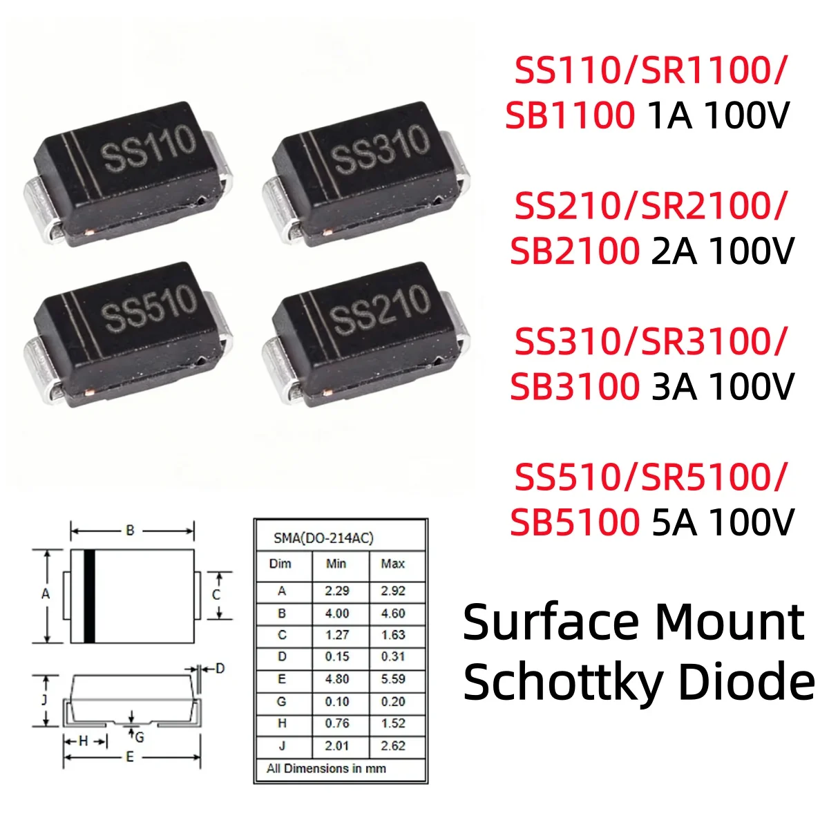 Diodo Schottky SMA SS110/SR1100/SB1100 1A SS210/SR2100/SB2100 2A SS310/SR3100/SB3100 3A SS510/SR5100/SB5100 5A100V (50/100/500 Unidades)