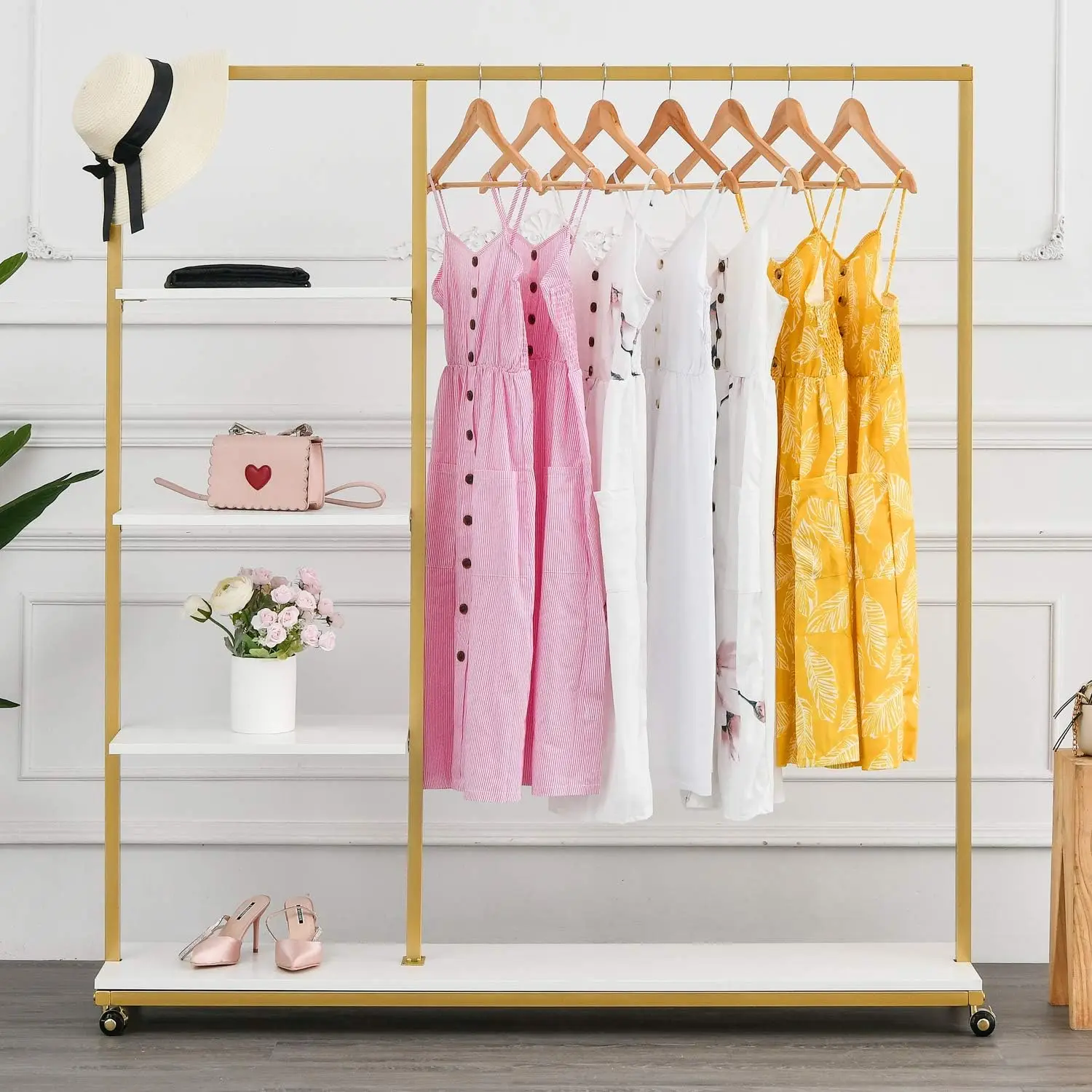 

BOSURU Gold Clothes Racks with 4-Tier Wood Shelves, Modern Freestanding Gold Clothing Racks for Hanging Clothes Display Racks