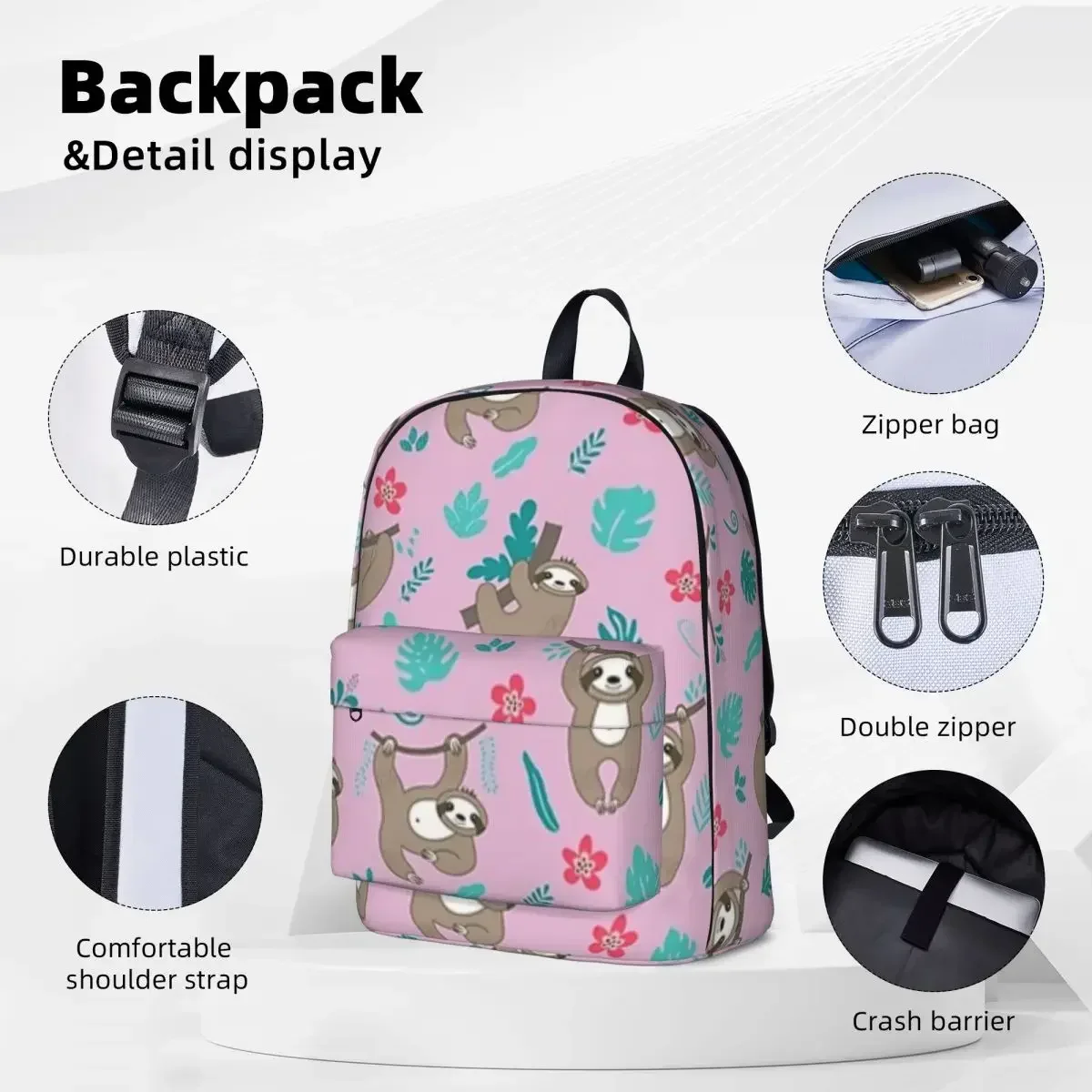 Cute Sloth Pattern Pink Backpacks Student Book bag Shoulder Bag Laptop Rucksack Waterproof Travel Rucksack Children School Bag