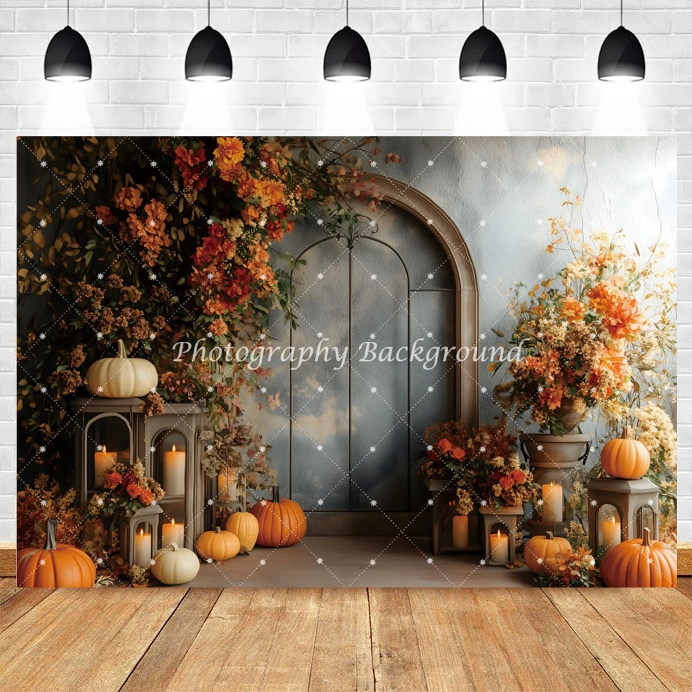 Sfondo per interni autunnali Parete in legno rustico Foglie d'acero Decorazione di zucca Festa di compleanno autunnale Ritratti di famiglia Sfondo di decorazioni per la casa