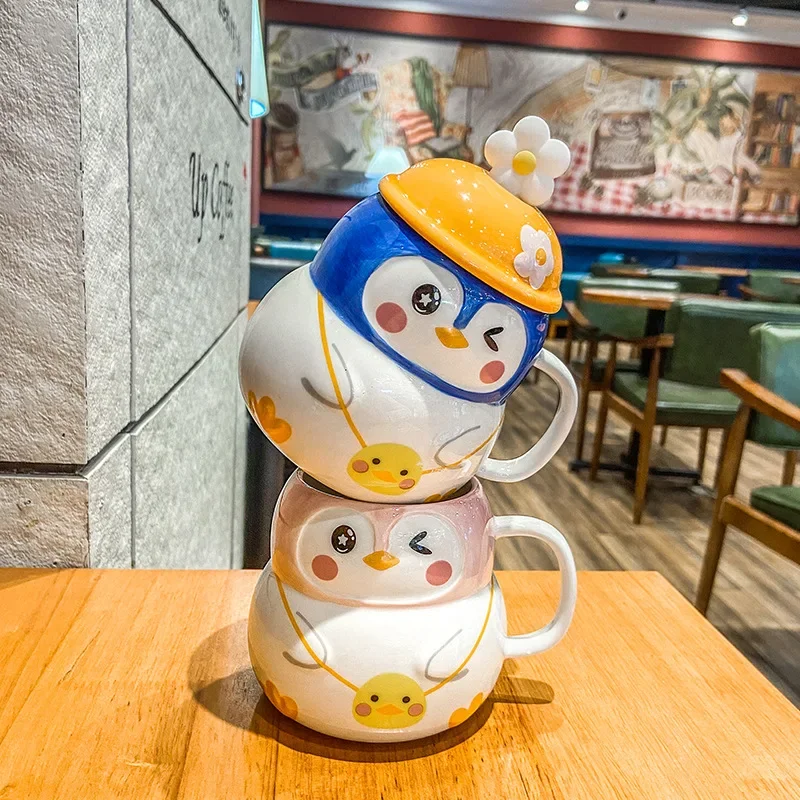 480ml Personalized Coffee Mug For Women Girls Cute Penguin Ceramic Mug With Spoon And Lid Lovers Birthday Thanksgiving Day Gifts