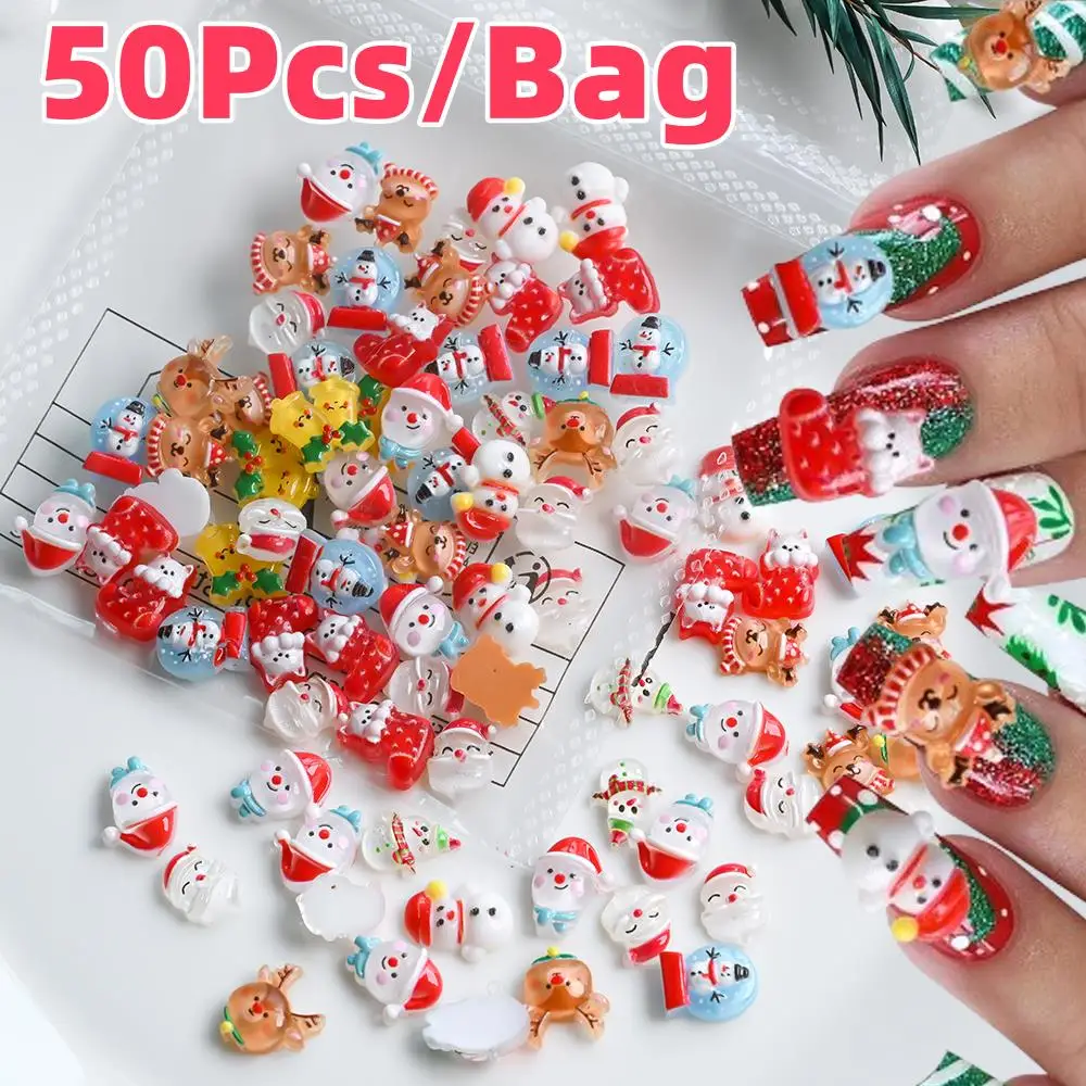 

100Pcs3D Snowman Elk Christmas Nail Charms Cartoon Xmas Bell Sock Resin Nail Art Decoration For DIY Crafts Hair Jewelry Kid Gift