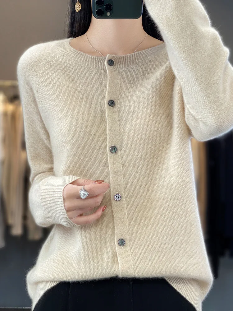 Fashion Grace Spring Autumn 100% Merino Wool Cardigan Cashmere Sweater Women O-Neck Long-sleeve Knitwear Female Clothing Tops