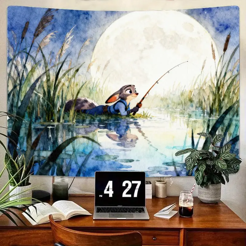 

1 шт. милый гобелен Disney Zootopia Nick Wilde для рыбалки, полнолуние, ночь, природа, акварель, настенное искусство для спальни, гостиной, общежития