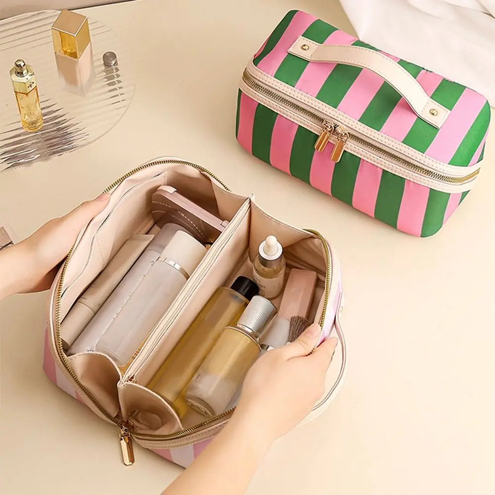 Vintage Women's Cosmetic Bag Zipper Lightweight Travel Cosmetic Case Polka Dot/Striped Large Capacity Women's Toiletry Organizer