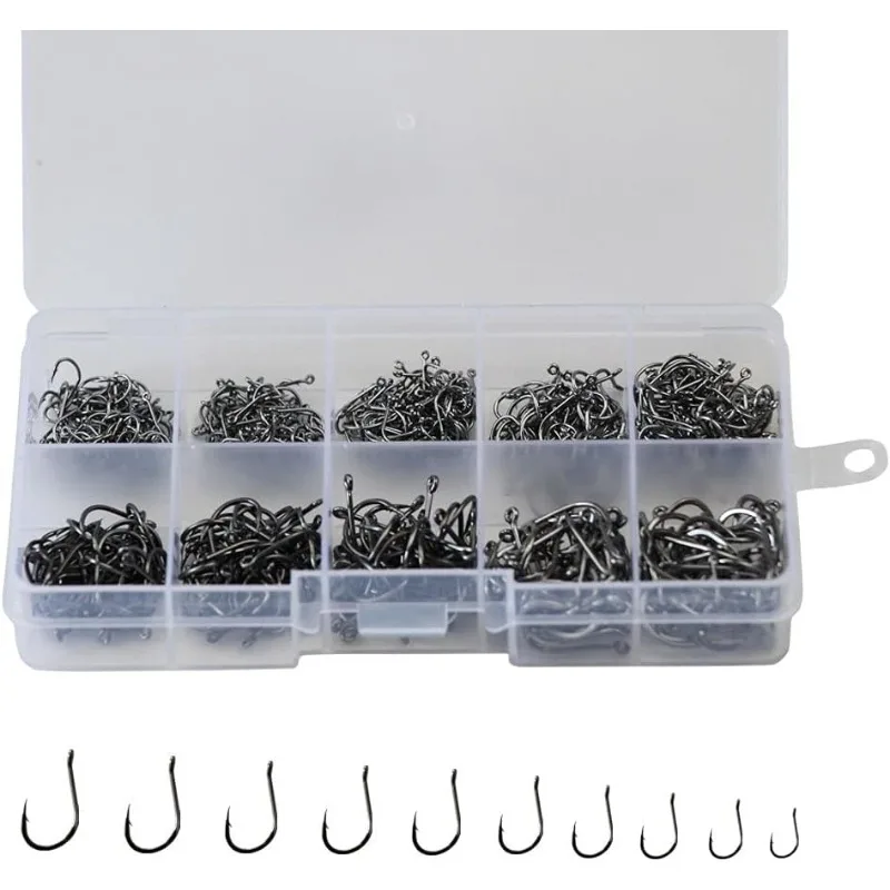 

300pcs Small Fishing Hooks Black High Carbon Fishing Hooks Set 6 Sizes with a Plastic Box