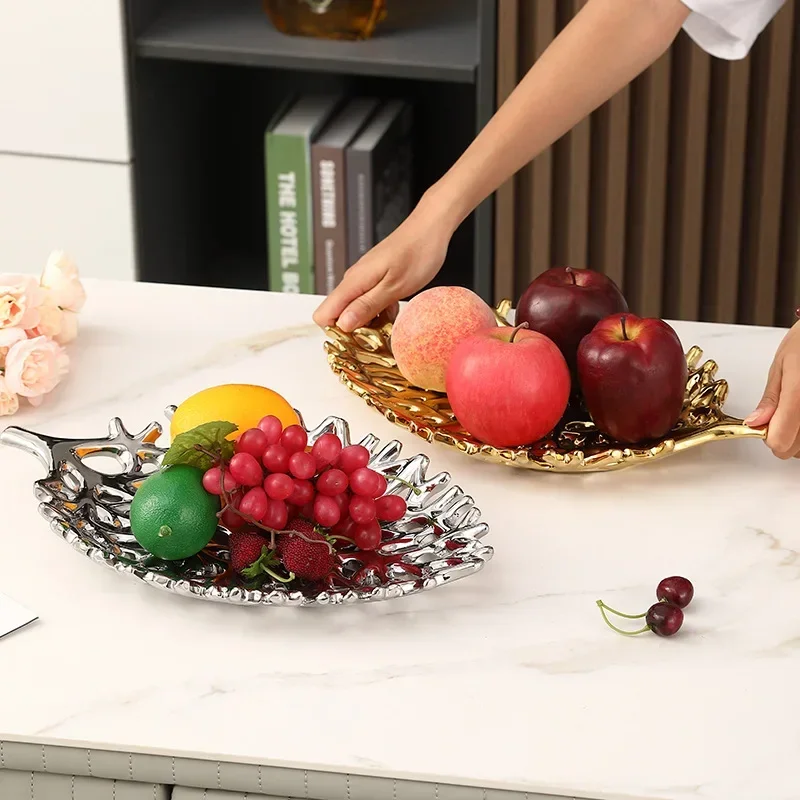 Perforated Ceramic Fruit Plate Golden Leaf Plate Desktop Storage Container Leaf Dish Storage Tray Home Decoration Accessories
