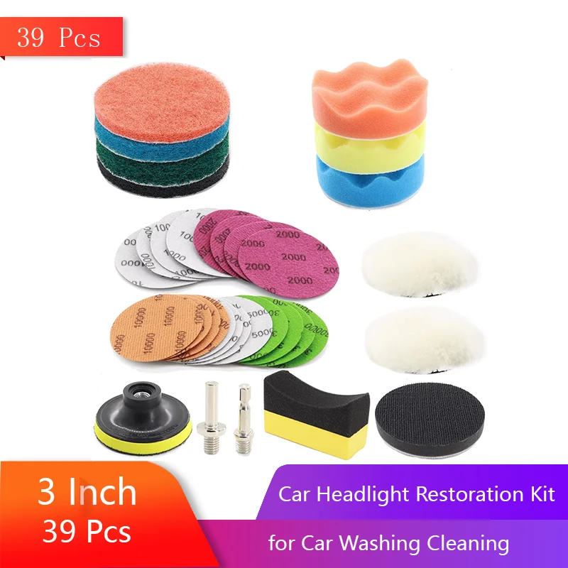 

3 Inch 39 Pcs Car Headlight Restoration Kit with Wet and Dry Sandpaper M10 Backing Pad Wool Buffing Polishing Pad Sponge Pad