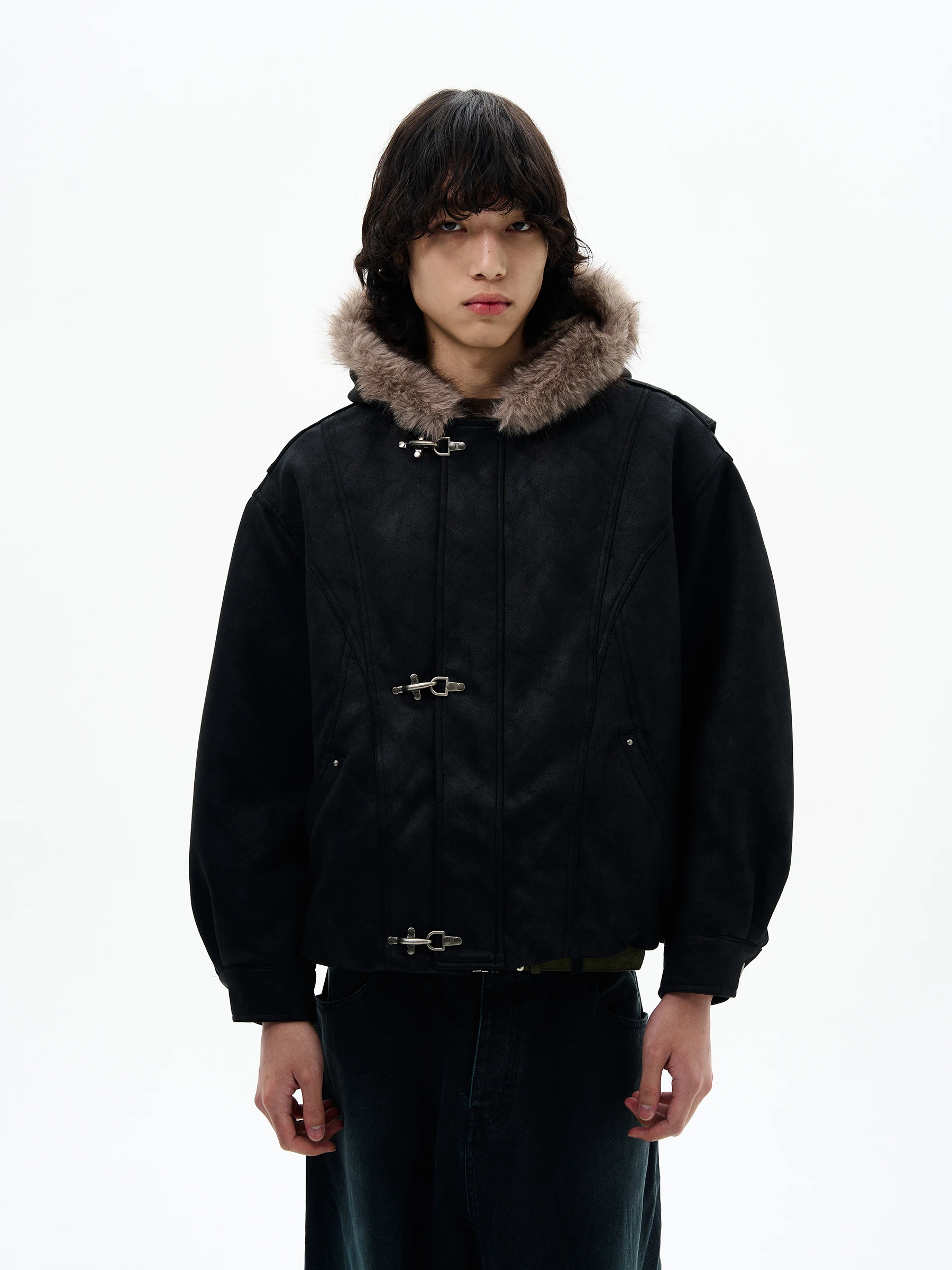 موضة الرجال 2025 الخريف جديد الراقية النمط الأمريكي طائرة مشبك فو الفراء طوق فو سترات من الجلد معاطف وسيم سترات #3