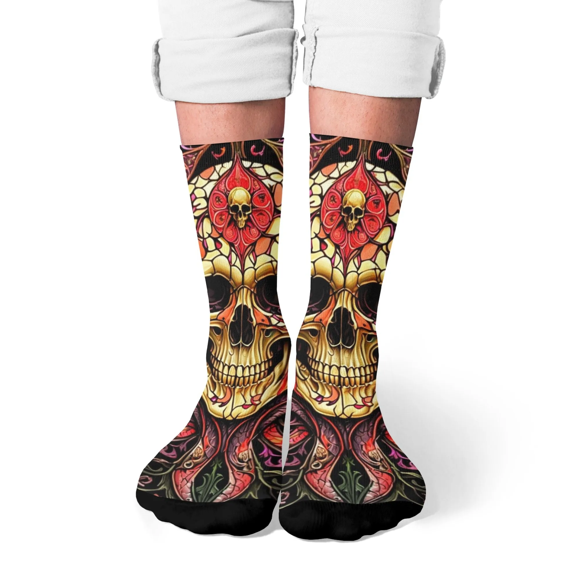 Herrensocken mit floralem Totenkopf-Aufdruck, bequem, atmungsaktiv, rutschfest, Neuheit, Retro, Straße, Hip-Hop, Kompressionssocken, Party-Geschenk