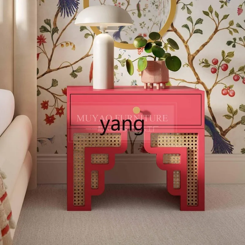 

yhm Retro Solid Wood Rattan Bedroom Storage Dopamine Color Bedside Cabinet