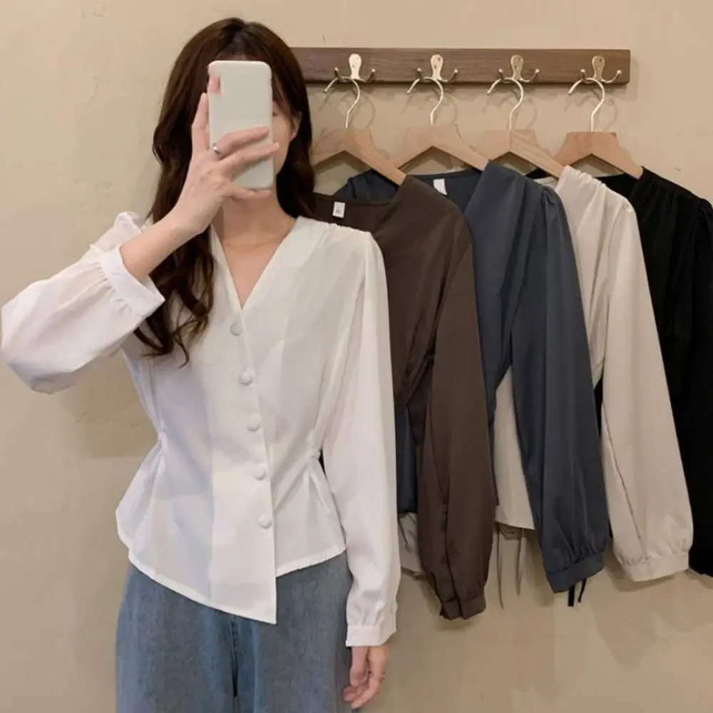 

Solid Color V-neck Long Sleeve Shirts Slim Fit Waist-cinching Puff Sleeve Shirt Autumn Spring Irregular Button Up Blouse Female
