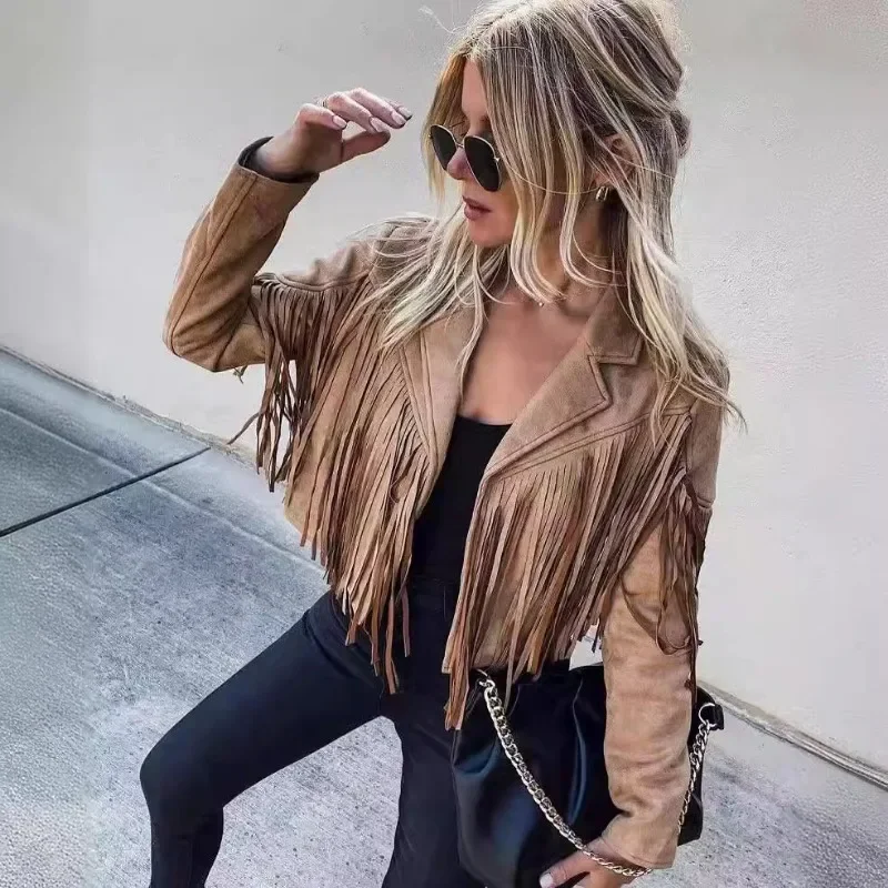 Damski kardigan z frędzlami i frędzlami Crop Tops E-girl Motor Biker Jacket Suede Leather Jacket 90s Vintage Streetwear Coat Cool