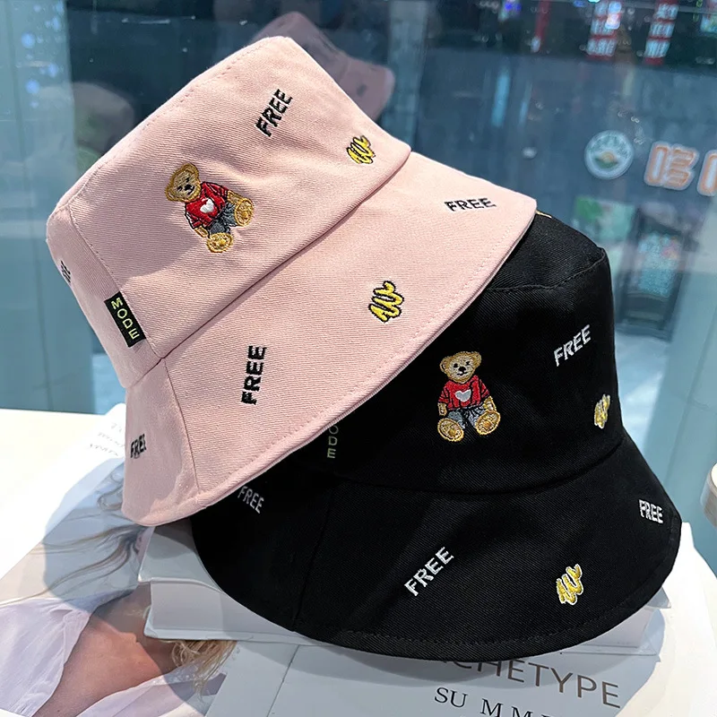 

New Bear Embroidery Fisherman Hat Men and Women Travel Sun Hats Leisure Sun Protection Basin Cap Bucket Hat Women Designer