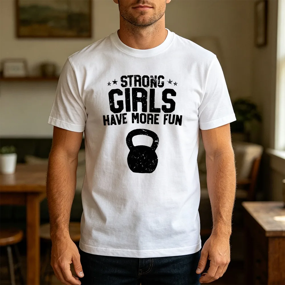Strong Girls Have More Fun Kettlebell Gym T-Shirt Vintage Distressed Fitness Motivational Gift for Crossfit Weightlifting Men