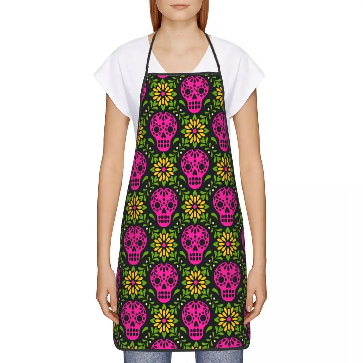 Funny Day Of The Dead Mexican Sugar Skull Bib Aprons Women Men Kitchen Chef Flower Tablier Cuisine for Cooking Baking Painting