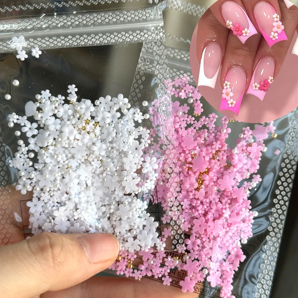 500 Uds + flores acrílicas 3D rosas y blancas, dijes para decoración de uñas, resina, flor de cinco pétalos, diamantes de imitación para uñas, cuentas doradas, perlas, decoración de uñas