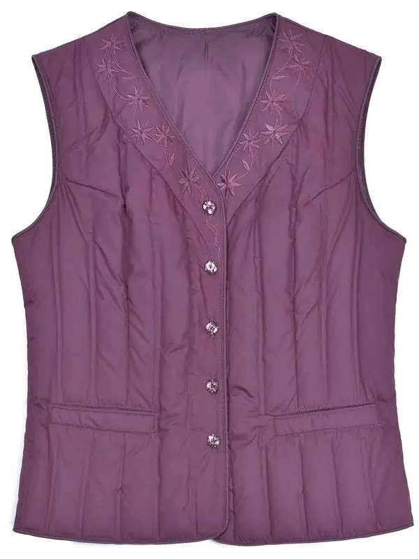 中国製 Sle 軽量刺繍入りダウンベスト レディース 暖かい中綿入りベスト 中年のお母さん向けアウターウェア
