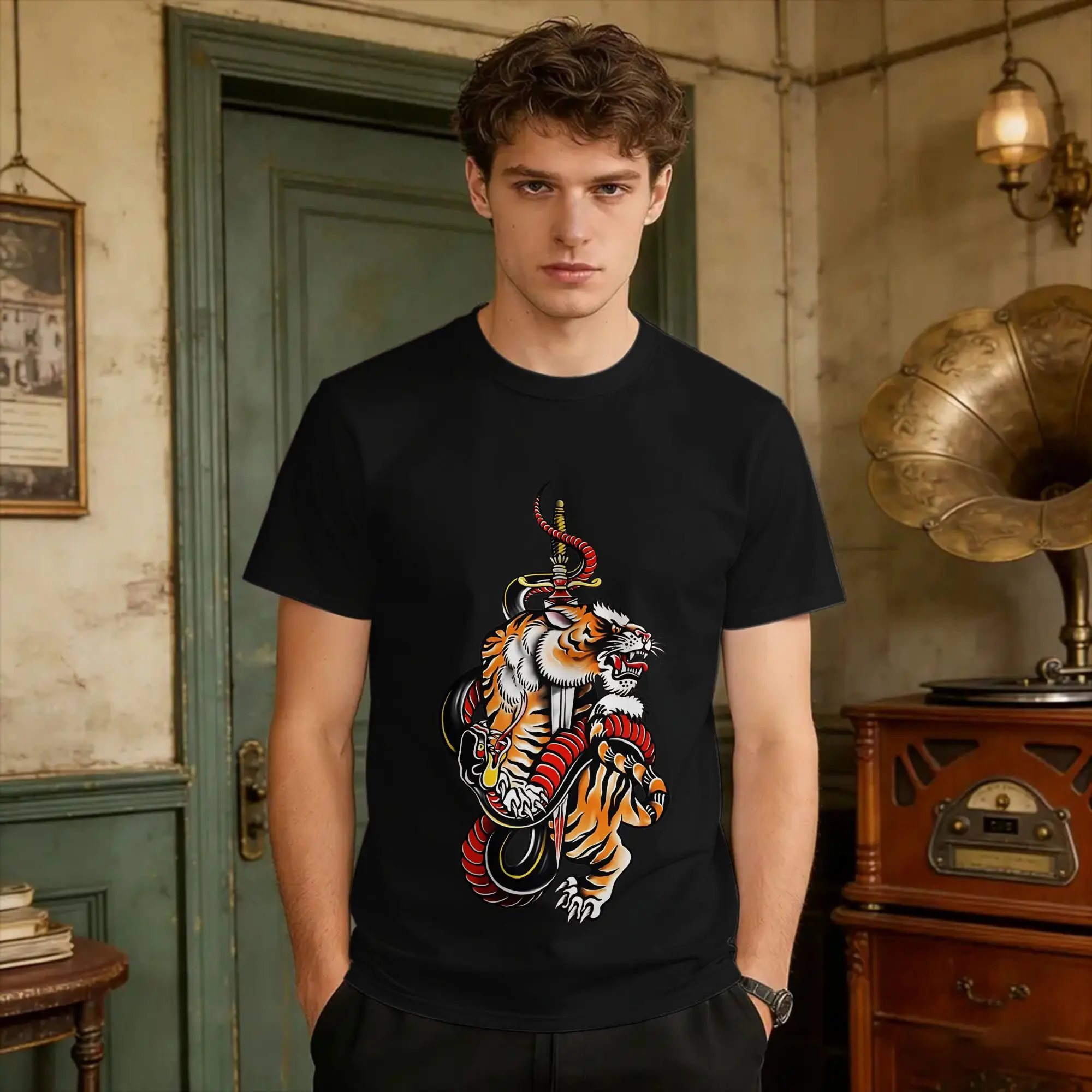 Men Traditional Tiger Fighting Viper Tattoo T Shirt Ed-Hardys 100 Cotton Clothing Summer T Shirt O-Neck Hip Hop Casual Tee Shirt