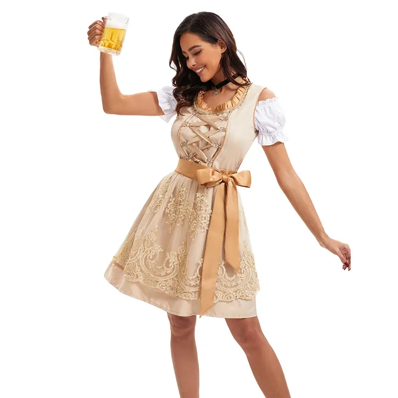 فساتين Dirndl الألمانية للنساء ملابس مهرجان أكتوبر ملابس تنكرية للحفلات الملابس البافارية التقليدية فستان نسائي بطول الركبة