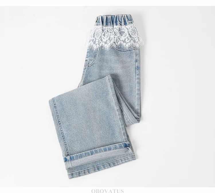 Spitzenjeans für Mädchen, Modische Kleidung für Teenager, Einfarbige, Lose Kinderjeans mit Weitem Bein, Hohe Taille, Spitzendesign, Kinderhose – Detail 7