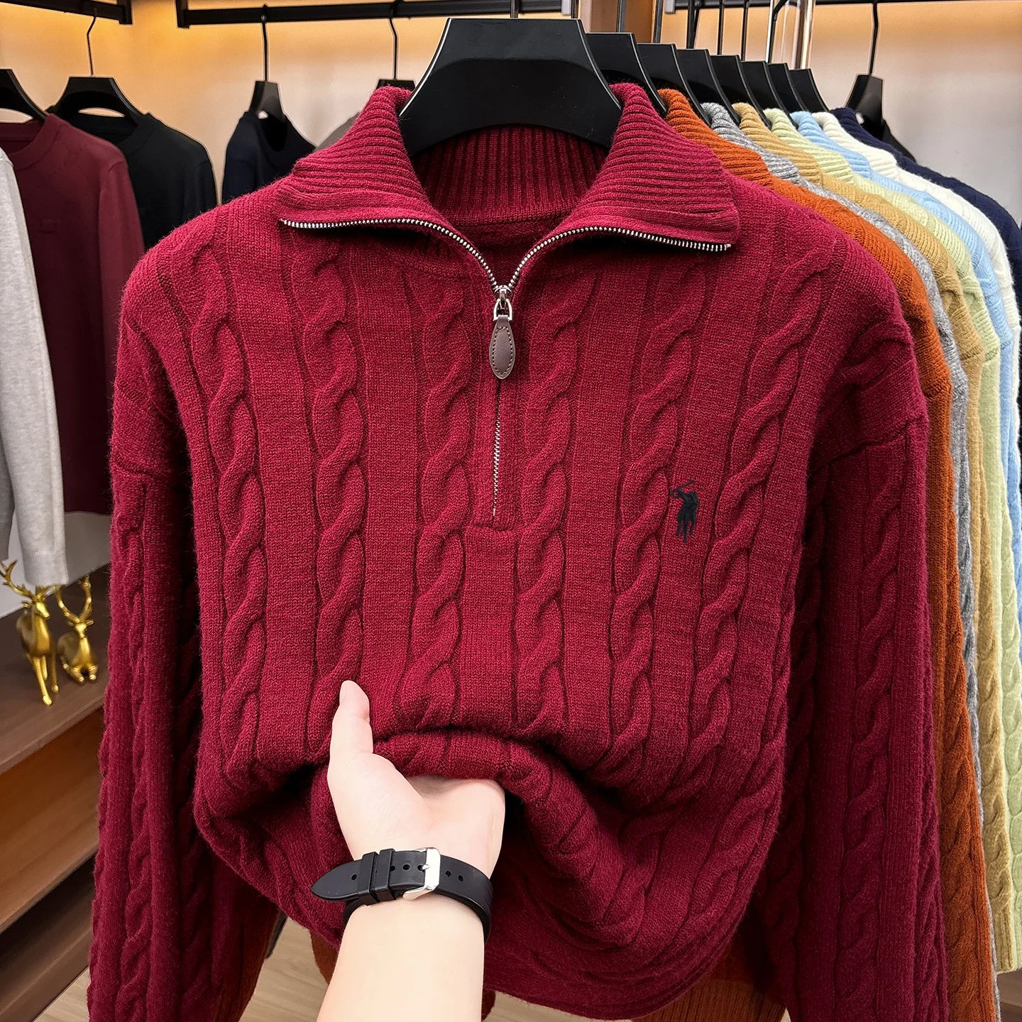 Herbst Winter Neuer Pullover Klassische Mode Jacquard Herren Retro Reißverschluss Stehkragen Luxus Paul Pony Stickerei Lässiger Strickpullover – Detail 25