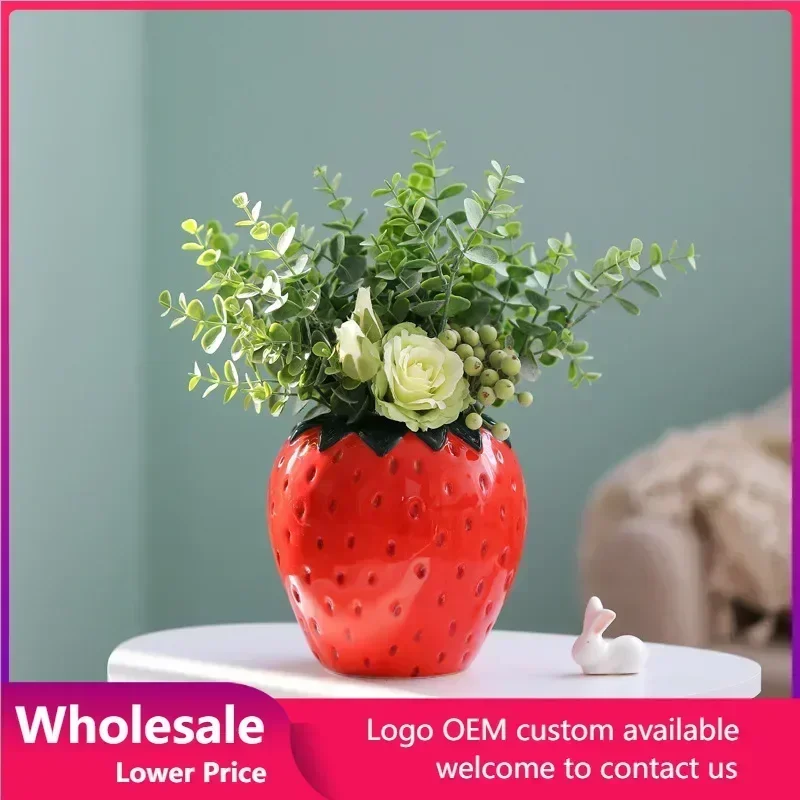 

Strawberry Creative Vase Flower Ceramic Pot Planter Floral Holder Decorative Fruitcenterpiece Table Succulentart Decor Pottery