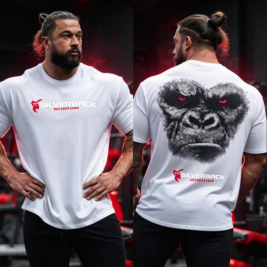 Silverback T-Shirt Men Oversized Double Sided Graphic Tee Gorilla Back Print Gym Bodybuilding Workout Fitness Casual Cotton Tops