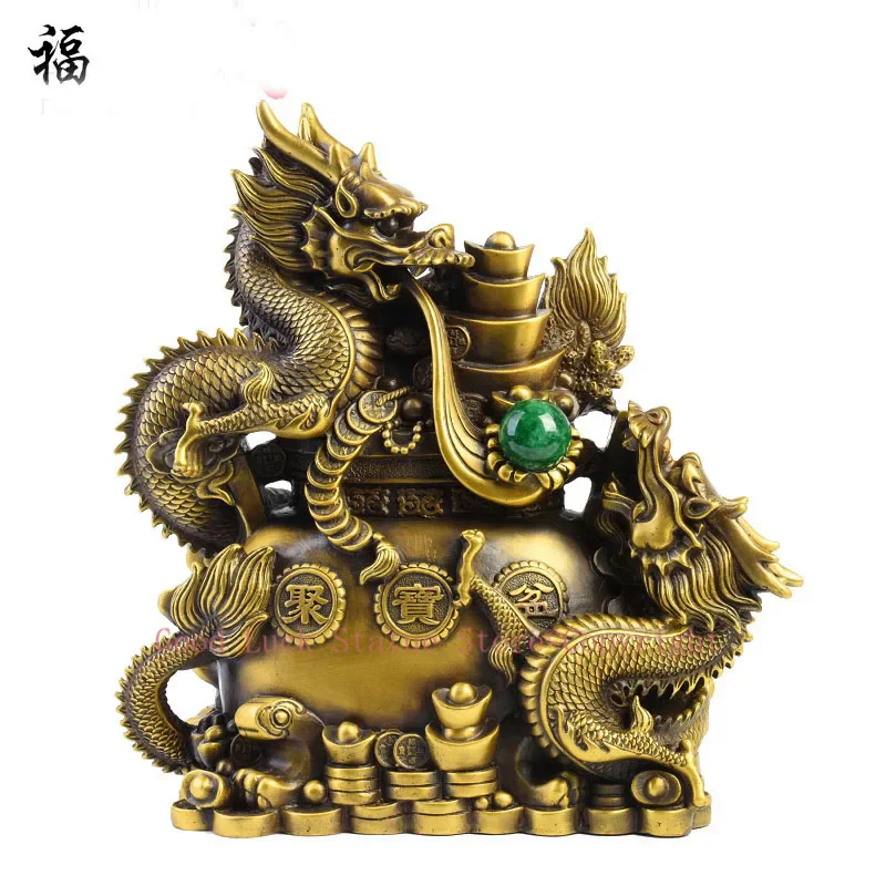 

LARGE HOME office SHOP Business ART thriving business wealth GOOD LUCK Mascot # Double dragons GOD FENG SHUI Brass statue