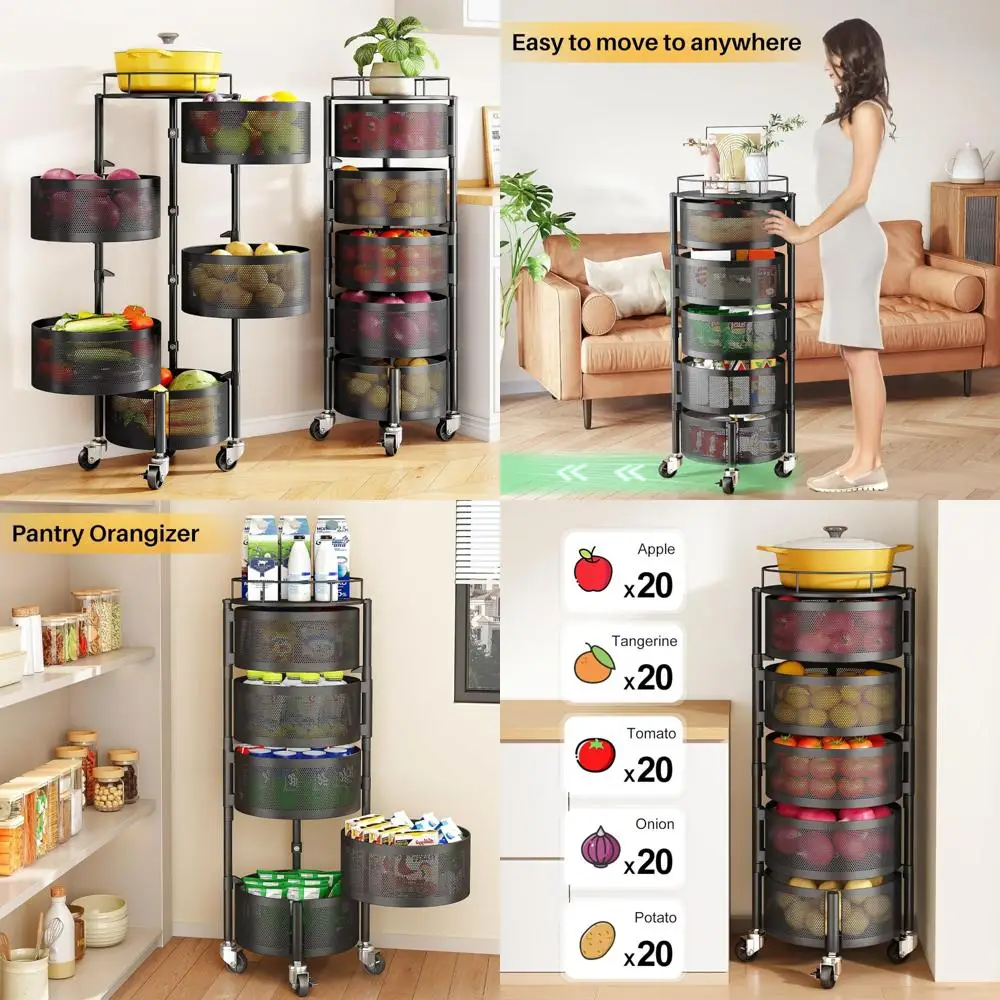 

5-Tier Rotating Storage Rack for Kitchen: Fruit, Vegetable, Potato, Onion, Bread Organizer with Metal Lid
