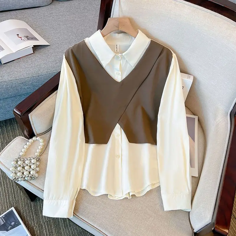 Fake Two Pieces Patchwork Loose Vintage Blouse Women Clothing Spring Autumn New Long Sleeve Casual Shirt Tops Fashion Elegant