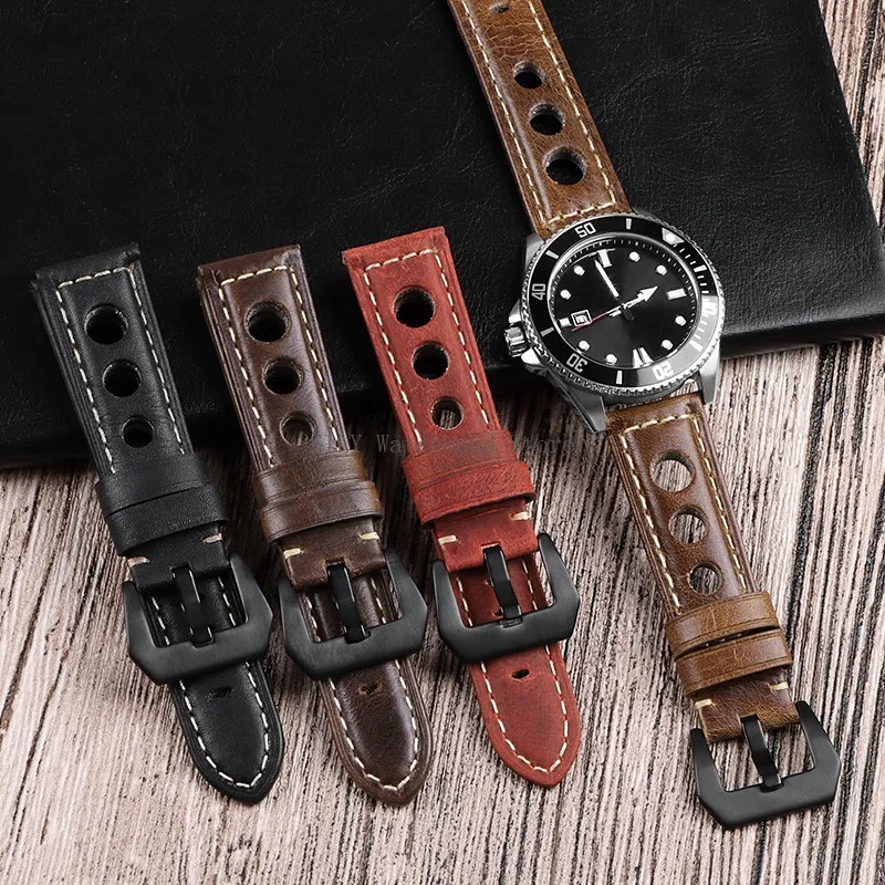 20/22/24mm Cowhide Leather Watch Band Vintage Breathable Leather Straps Universal Waterproof Bracelets Retro Men Women Wristbelt