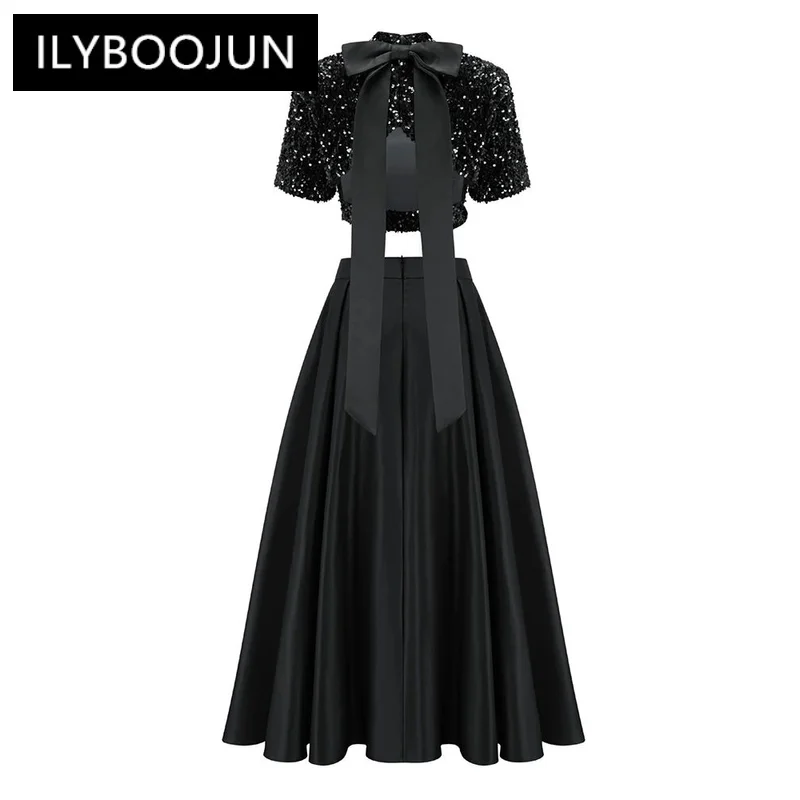 ILYBOOJUN Elegant Two Piece Sets For Women Stand Collar Short Sleeve Spliced Sequins Tops High Waist Skirt Chic Set Female