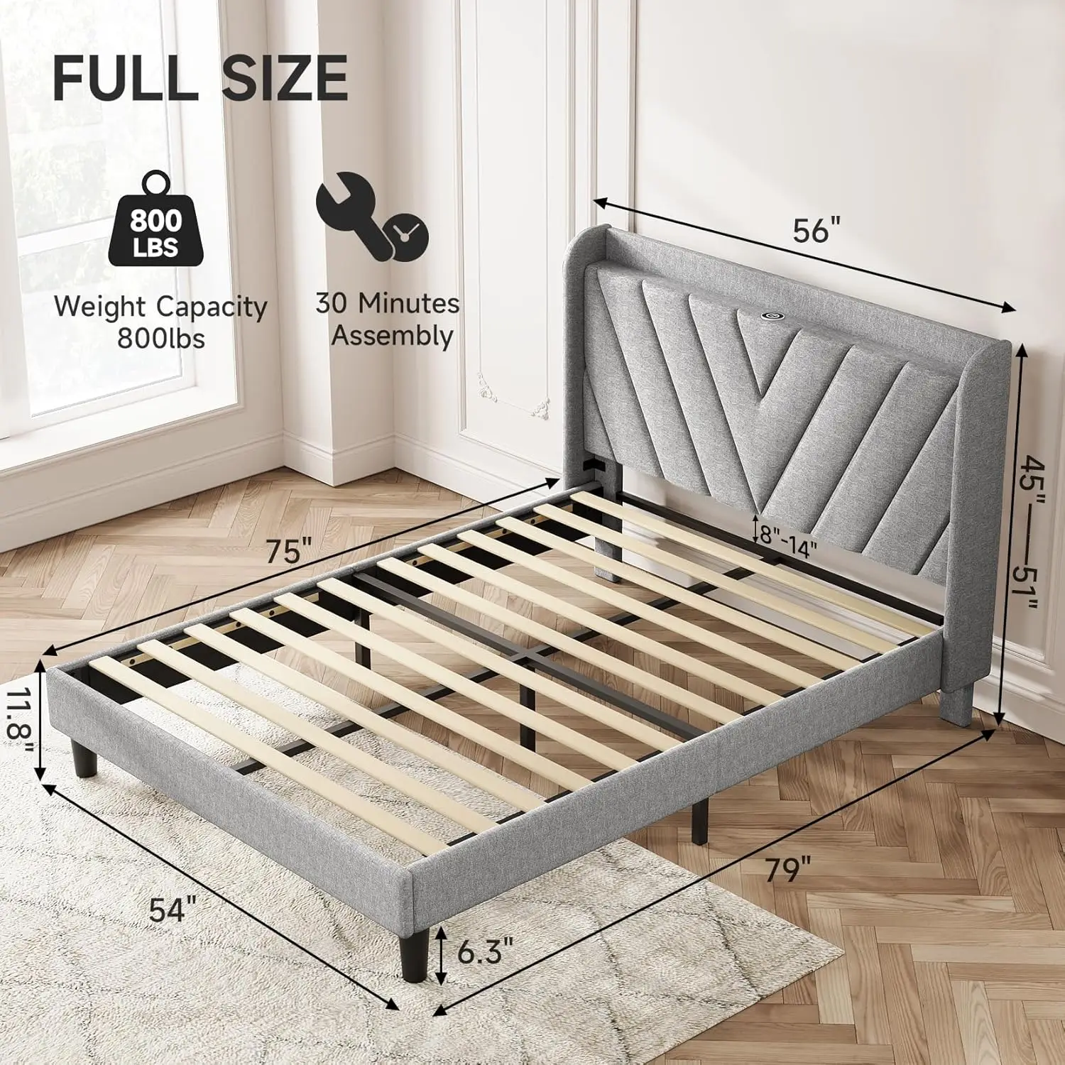 Fabric adjustable soft cushion platform bed frame, backpack storage headboard, no need for box springs, no noise, light gray