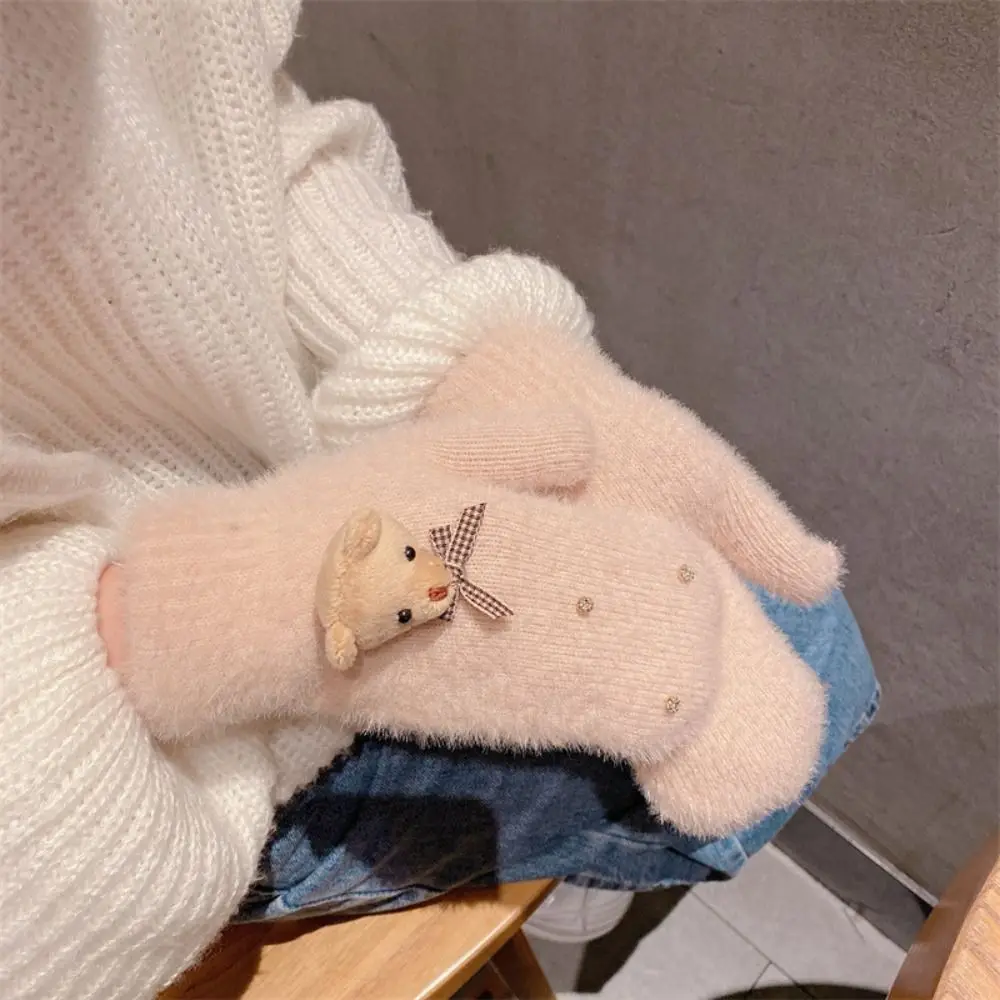 일본 따뜻한 활 플러시 장갑 두꺼운 전체 손가락 장갑 학생 니트 장갑 Kawaii 부드러운 귀여운 장갑 여성