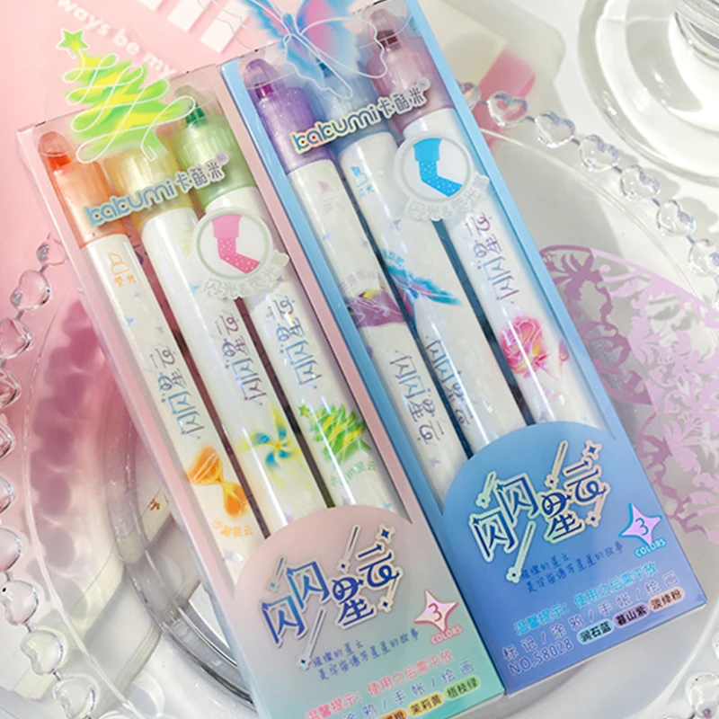 

3 colors/box Glitter Highlighter Dual Tip Multi-color Marker Handbook Pen Student Stationery DIY Marker Colorful Outline Pen