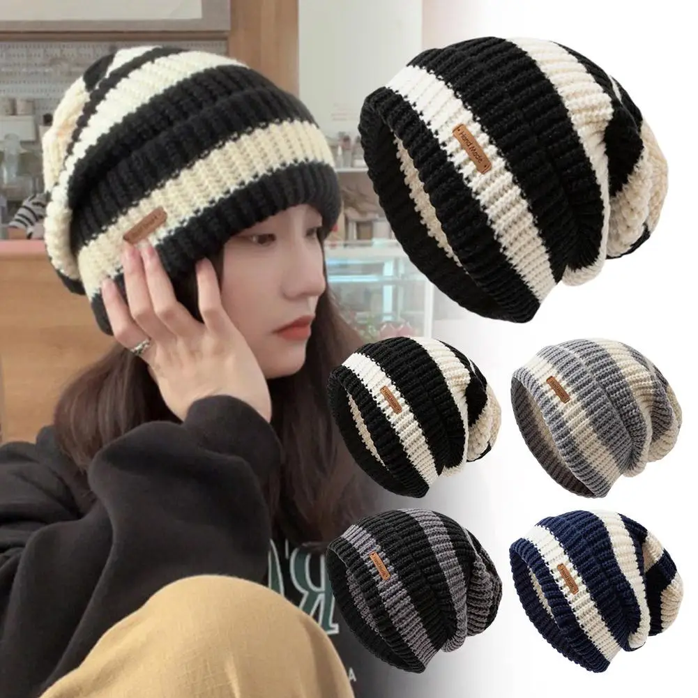 Winter Women's Japan Style New Leather Label Striped Knitted Fashionable Waist Hat Hat Loose Style Knitted Versatile Same I M2v4