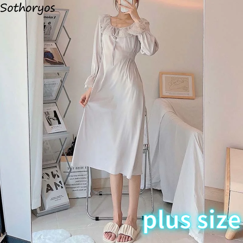 Women Nightgown Ice Cozy Breathable Lace Princess Sexy Bandage Long Sleeve Sleepwear Elegant Over Knees O-neck Sleepshirt S-4XL