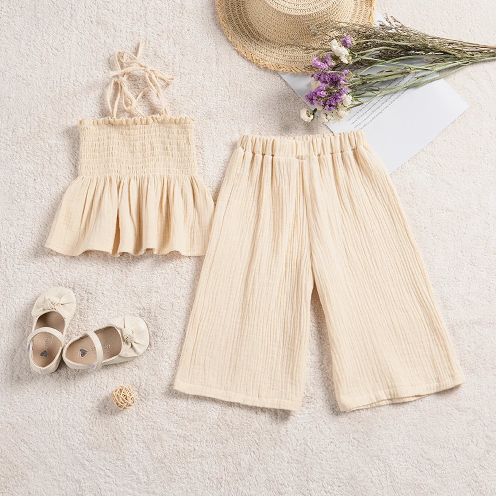 2024 Summer Girls Toddler Muslin Cotton Suit Solid Color Sling Suspenders+Wide Leg Pants 2Pcs Clothes Sets Sweet Comfortable