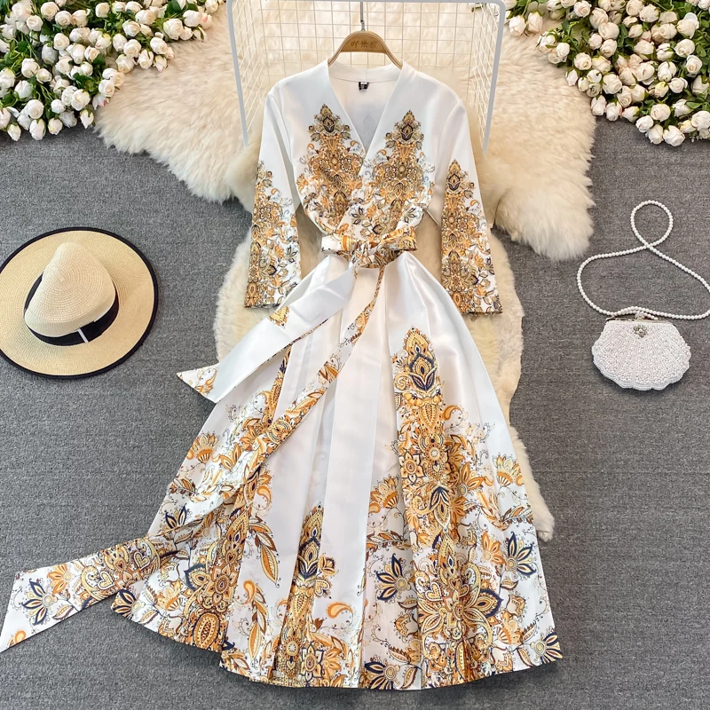 

Elegant Black Golden Flower Print Women's Long Dresses Vintage Stand Long Lantern Sleeve Single Breasted Belt Maxi Vestidos