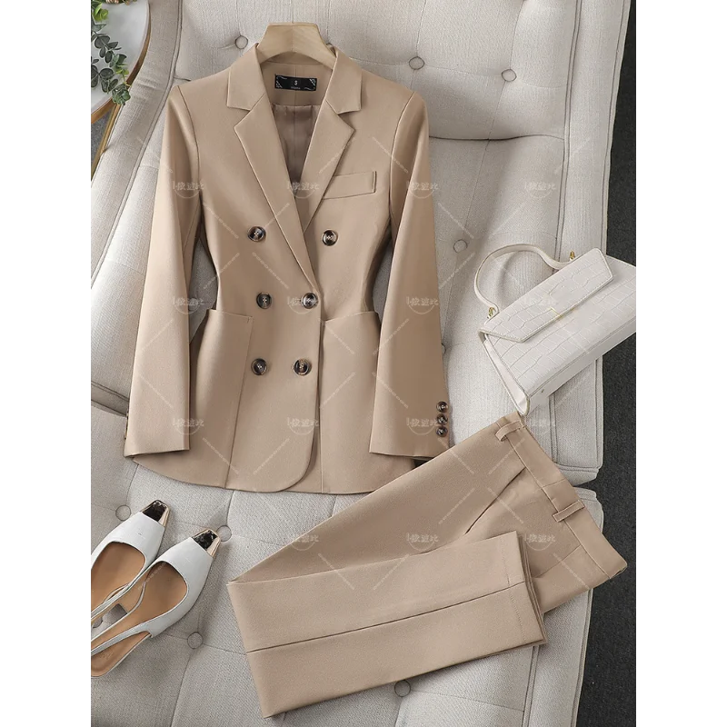 Fashion Ladies Pant Suit Women Business Work Wear Blazer And Trouser Black Khaki Brown Beige Formal 2 Piece Set With Pocket